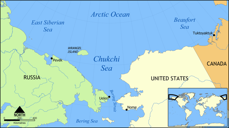 Map showing distance between Russia and Alaska