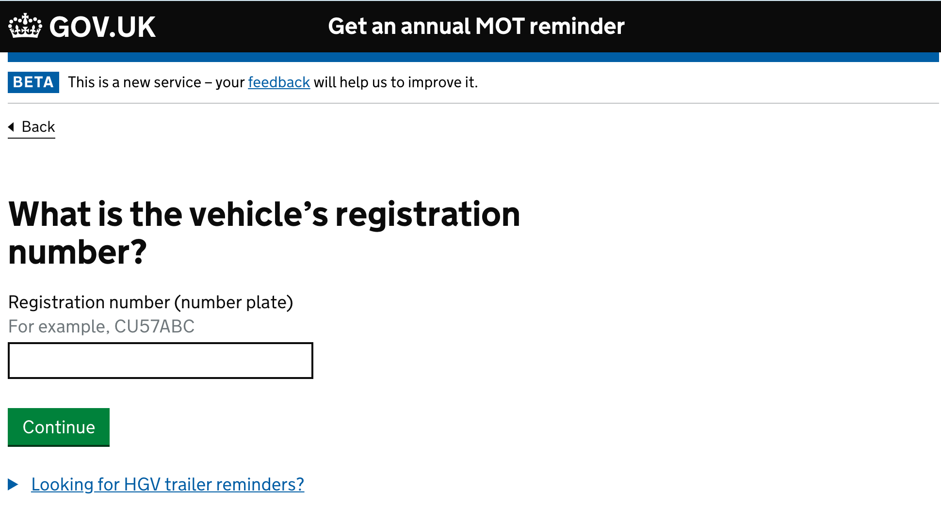 Gov.uk MOT reminder registration form